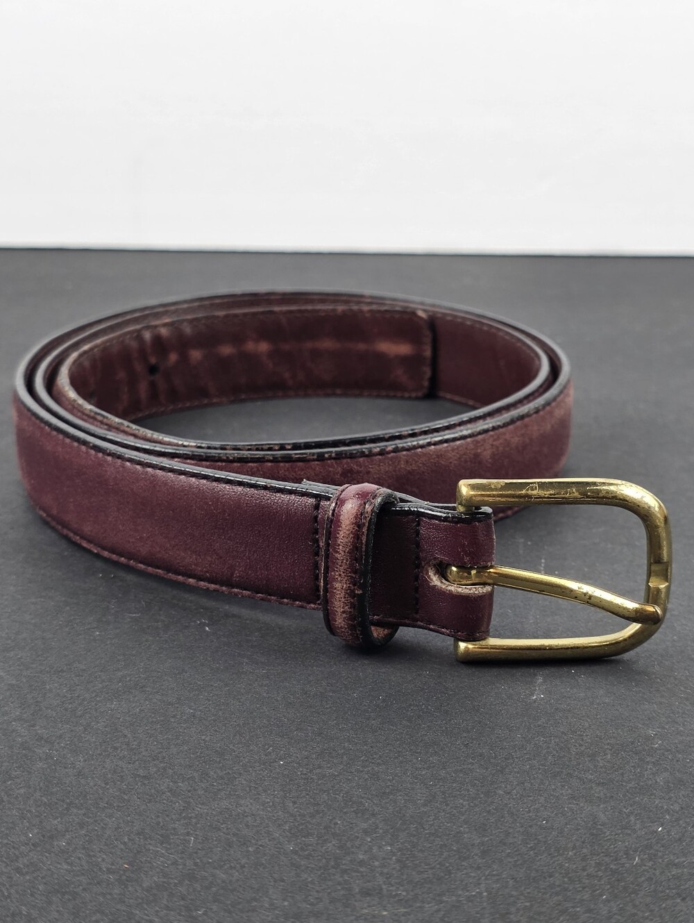 Vintage Brighton Leather Belt Size 34 Burgundy Oxblood Solid Brass Buckle USA